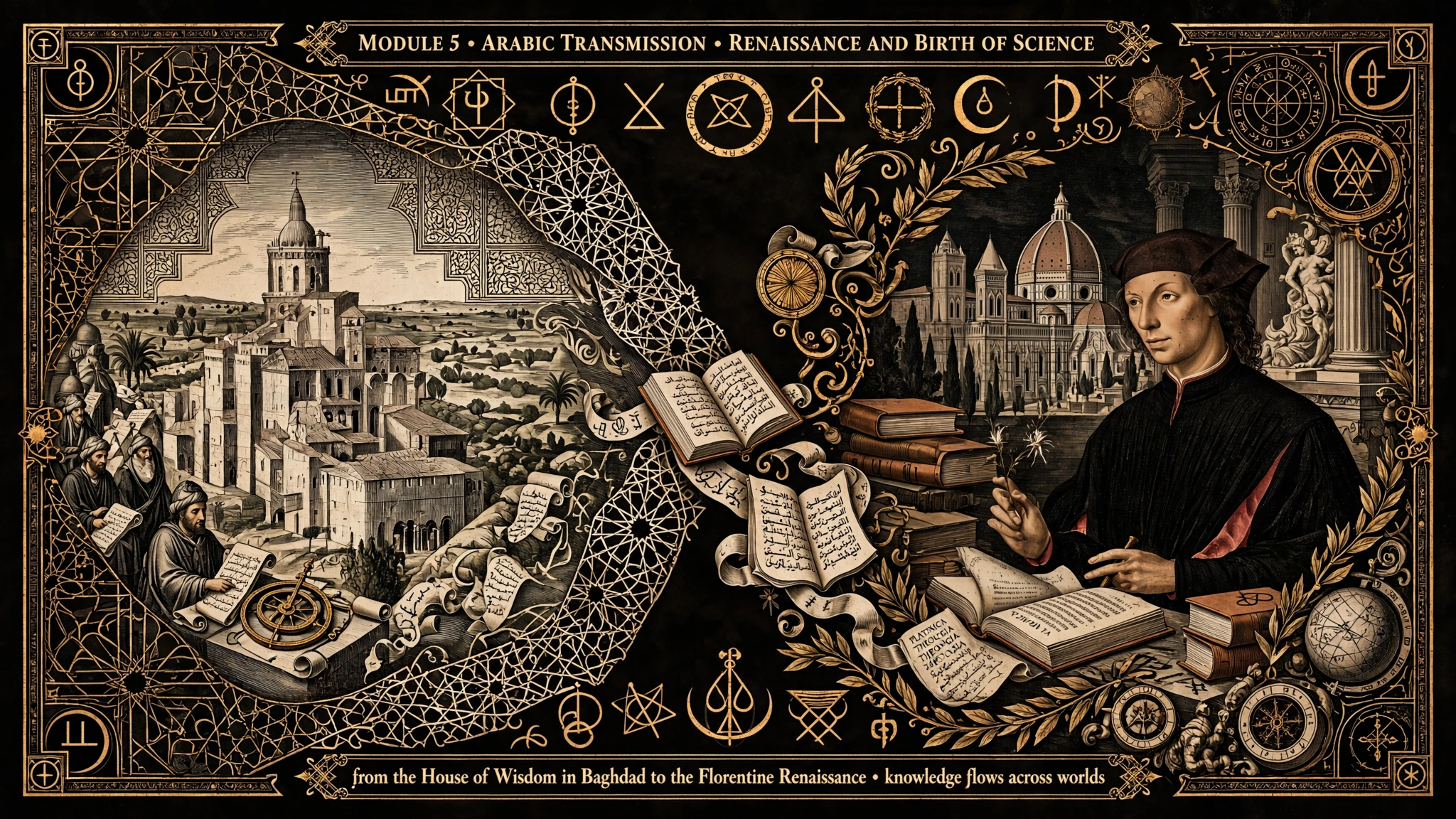 Renesansowe odrodzenie hermetyzmu: Dom Mądrości w Bagdadzie z arabskimi astrolabiami i manuskryptami, florencka willa Careggi Marsilio Ficina oraz biblioteka Izaaka Newtona w Cambridge z rękopisami alchemicznymi.