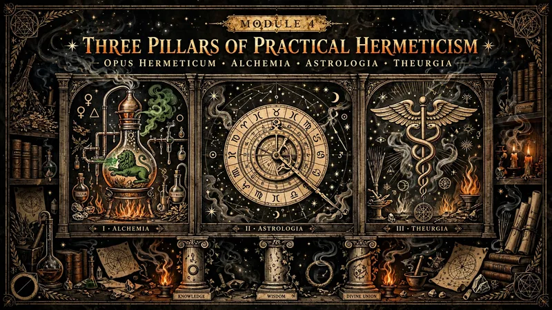 Trzy filary hermetyzmu praktycznego: alchemiczny Zielony Lew pożerający Słońce w retorcie laboratoryjnej, astrologiczna sfera zodiakalna z 36 egipskimi dekanami oraz kapłan teurgiczny w białej szacie dokonujący uświęcenia posągu bóstwa.