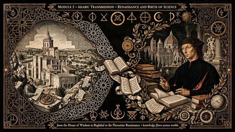 Renesansowe odrodzenie hermetyzmu: Dom Mądrości w Bagdadzie z arabskimi astrolabiami i manuskryptami, florencka willa Careggi Marsilio Ficina oraz biblioteka Izaaka Newtona w Cambridge z rękopisami alchemicznymi.